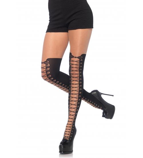 All Tied Up Pantyhose With Opaque Faux Thigh High Boot Detail - One Size