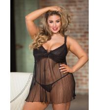 Stretch Lace & Pleated Net Baby Doll - Queen Size - Black