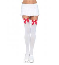 Nylon Over the Knee Socks - White With Red Bow