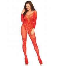Vine Lace & Net Long Sleeved Bodystocking - One  Size - Red