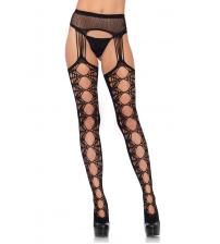 Hex Net Opaque Stockings With Attached Garter - Black - One Size