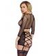 3 Pc. Industrial Net and Lace Long Sleeve Crop Top G-String, and Garter Skirt - Black - One Size