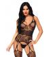 Strappy Rose Lace Suspender Bodystocking - Black - One Size