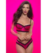 Longline Satin Balconette Bra Lace Trimmed  Edges and Removable Straps - Extra Large - Bright Rose/black