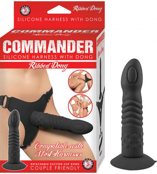 Commander Ribbed Dong With Harness - Black