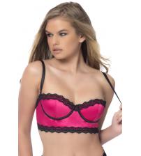 Longline Satin Balconette Bra With Lace Trimmed Edges and Removable Straps - Hot Pink - Small