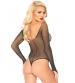 Crystalized Long Sleeve Fishnet Thong Back Bodysuit - One Size - Black