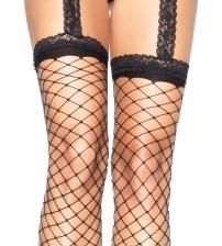 Spandex Fence Net Lace Top Stockings With Attached Lace Garterbelt - One Size - Black