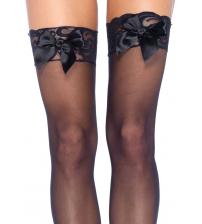 Sheer Lace Top Thigh Highs With Satin Bow Accent - One Size - Black
