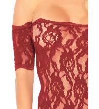 Scalloped Rose Lace Strapless Teddy With Cuff Sleeves - Burgandy - Medium/large