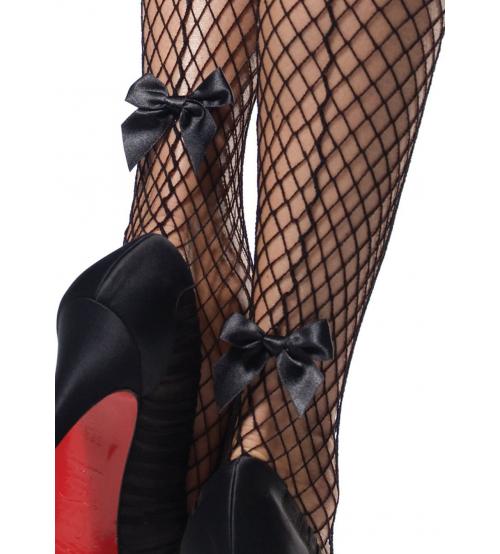 Stay Up Industrial Net Backseam Thigh Highs With Lace Top and Satin Bow Accent - One Size - Black