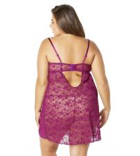 Lace Empire Babydoll With Functional Tie Shelf Cups G-String - Amaranth - 3x4x