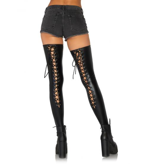 Wet Look Lace Up Thigh Hi - Black - M/l