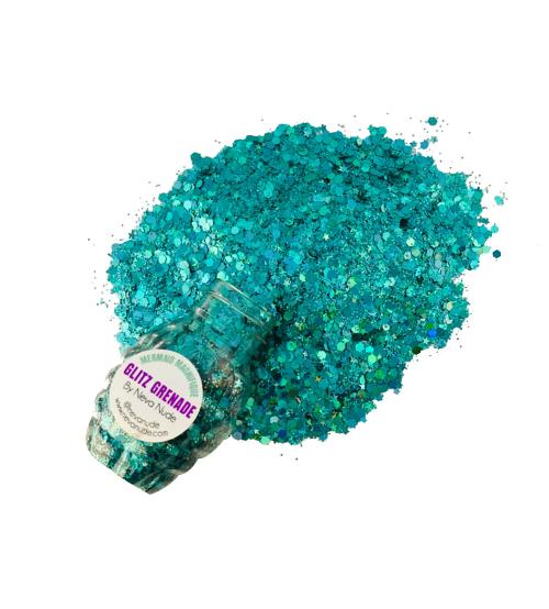 Mermaid Magnifique Turquoise Cosmetic Glitter Glitz Grenade Keychain in Aloe Gel