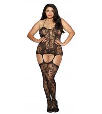 Lace and Opaque Seam Garter Dress - Queen Size - Black