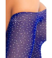 Crystalized Long Sleeve Fishnet Thong Back Bodysuit - One Size - Royal Blue