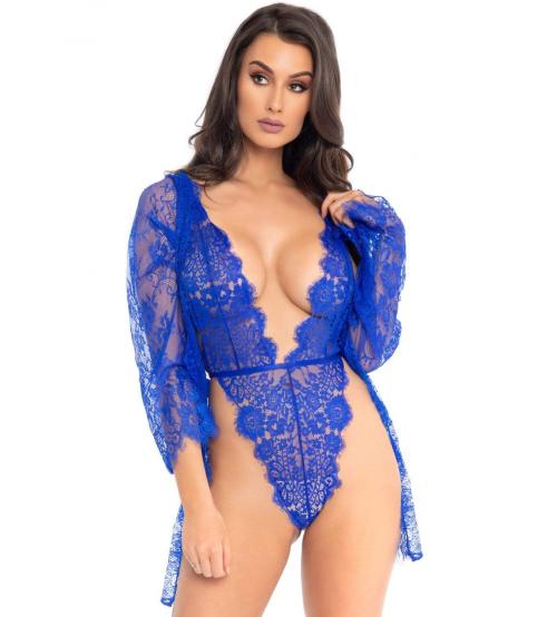 3pc Lace Teddy and Robe Set - Royal Blue - Large