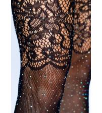 Rhinestone Lace Top Fishnet Stockings - One Size - Black