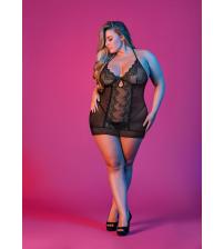 Sexy Time Chemise and G-String Set - Black - 1x-3x