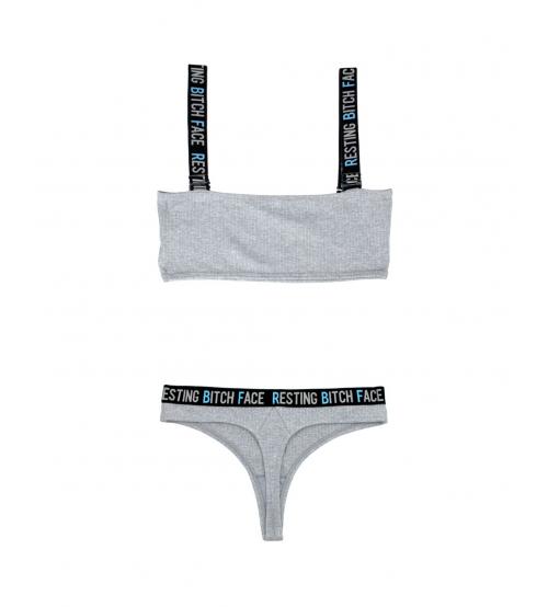 Resting Bitch Face Crop Top and Thong Panty Set - Gray - L/xl
