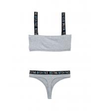 Resting Bitch Face Crop Top and Thong Panty Set - Gray - S/m