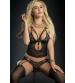 3pc Plunge Cami Top and Brazilian Garter Panty and Stockings - One Size - Black