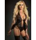 2pc O-Ring Babydoll Zip Crotch Teddy and Stockings - One Size - Black