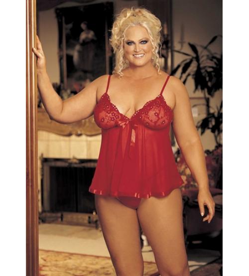 Sequin Embroidery and Sheer Net Babydoll - Queen Size - Red