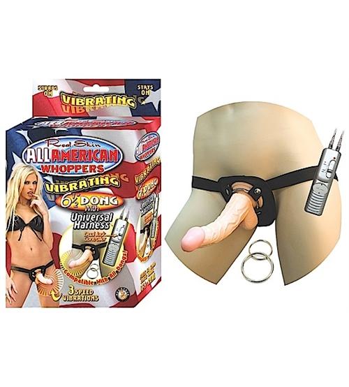 All American Whoppersvibrating 6.5-Inch Dong With Universasl Harness - Flesh