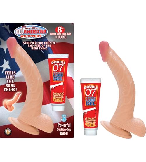 All American Whoppers 8-Inch Curved Dong With  Balls and Lube - Flesh